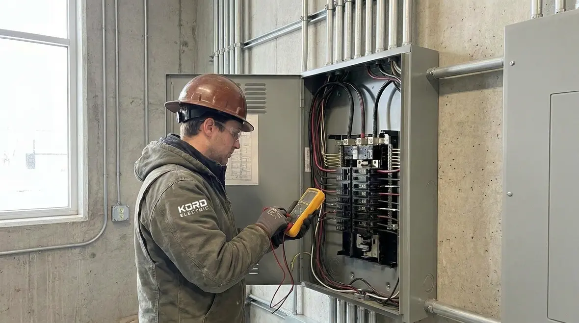 Technician reviewing a commercial electrical panel for upgrade warning signs