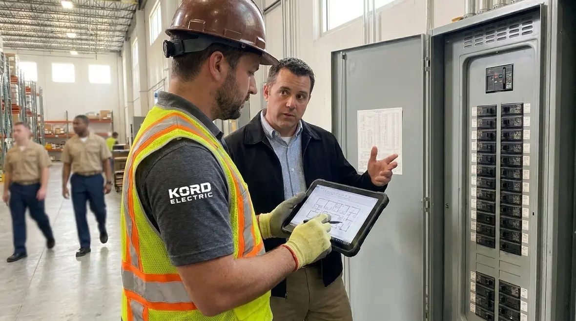 Facility team coordinating a commercial electrical panel upgrade during planned downtime