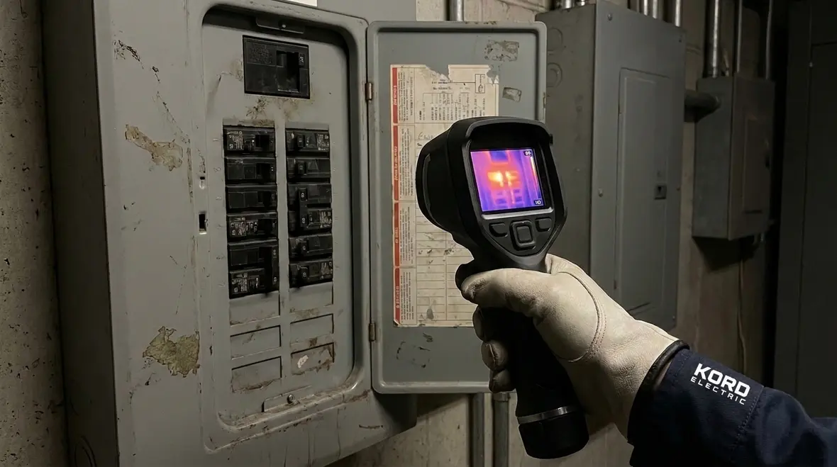 Close-up of a commercial electrical panel showing breakers and capacity limits