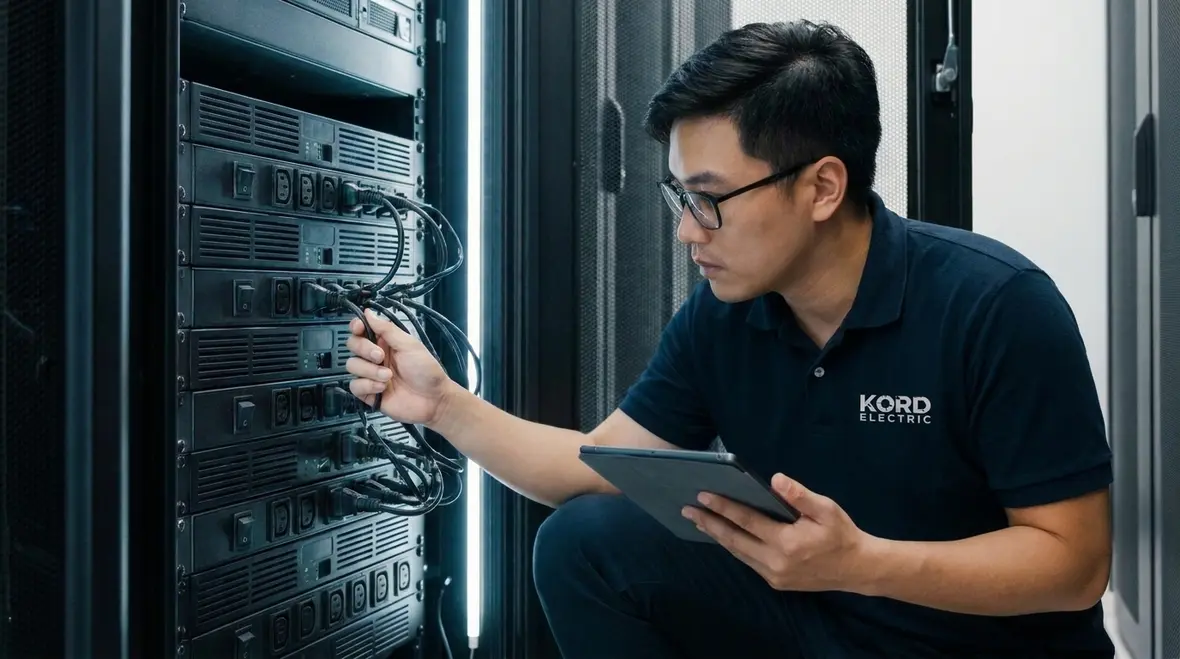 Technicians reviewing block redundant and distributed redundant power design in a data center