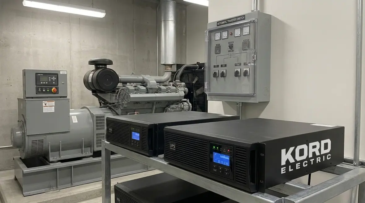 Technicians planning backup power for critical infrastructure in a commercial electrical room