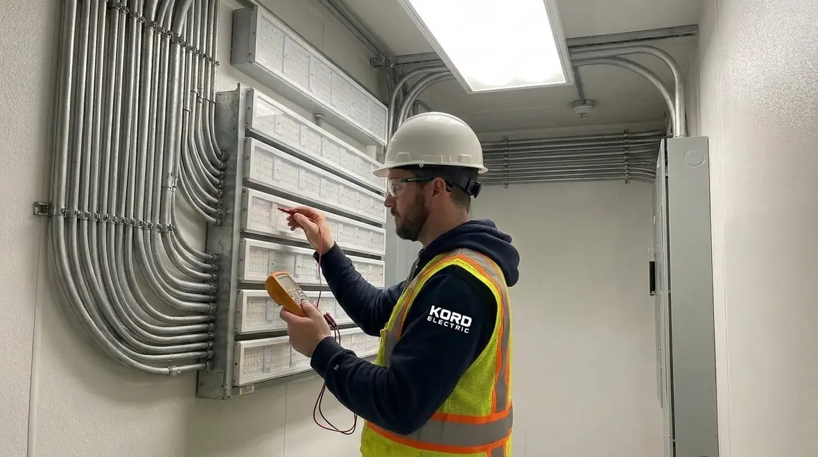 Commercial building interior with code-compliant lighting and electrical design