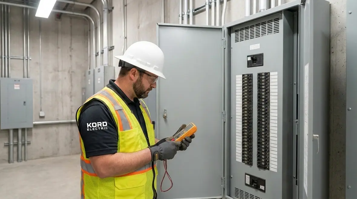 Technicians reviewing commercial building electrical systems components and diagrams