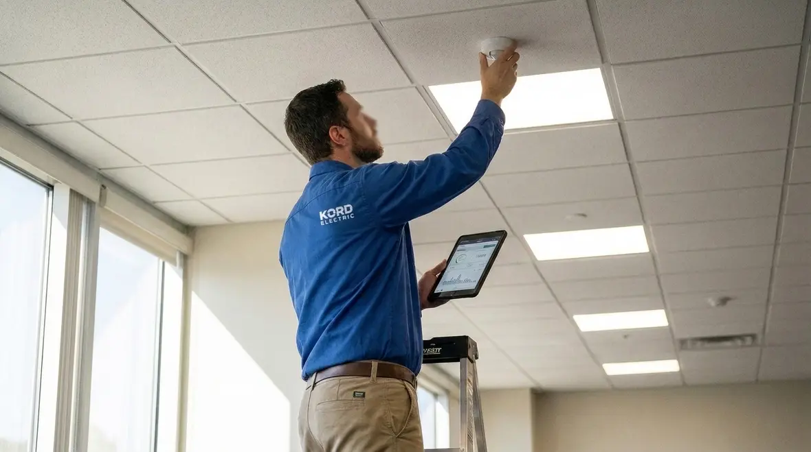 Technician configuring commercial lighting controls and sensors for California code