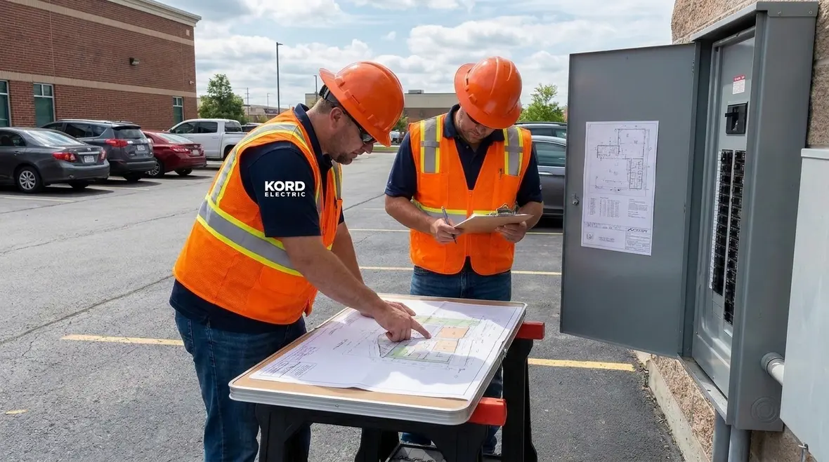 Technicians reviewing commercial EV charging electrical design drawings and load calculations
