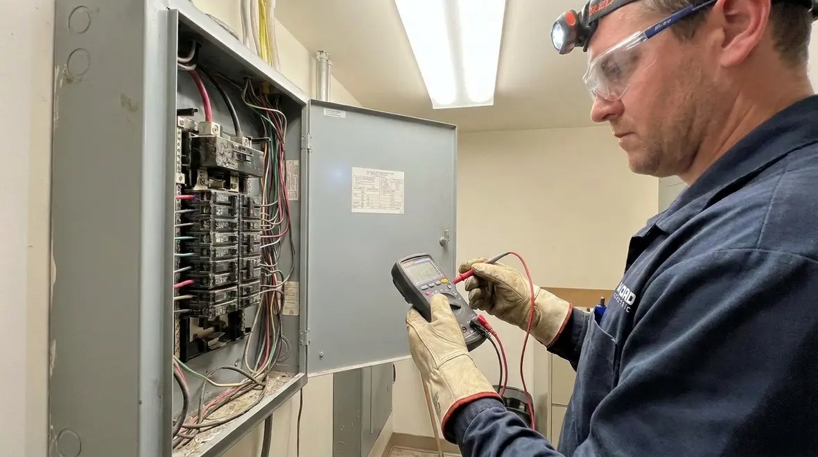 Technician inspecting commercial electrical panels types capacity and maintenance