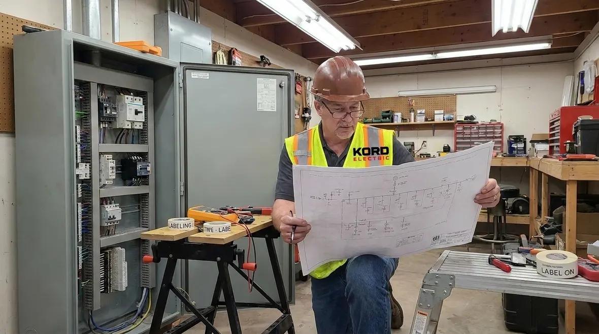 Electricians reviewing a one line diagram before a service upgrade