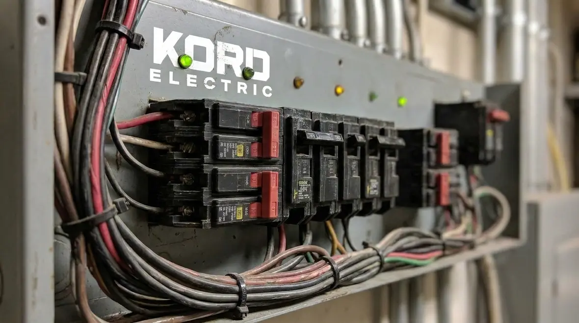 Technician performing a commercial electrical service upgrade in a mechanical room