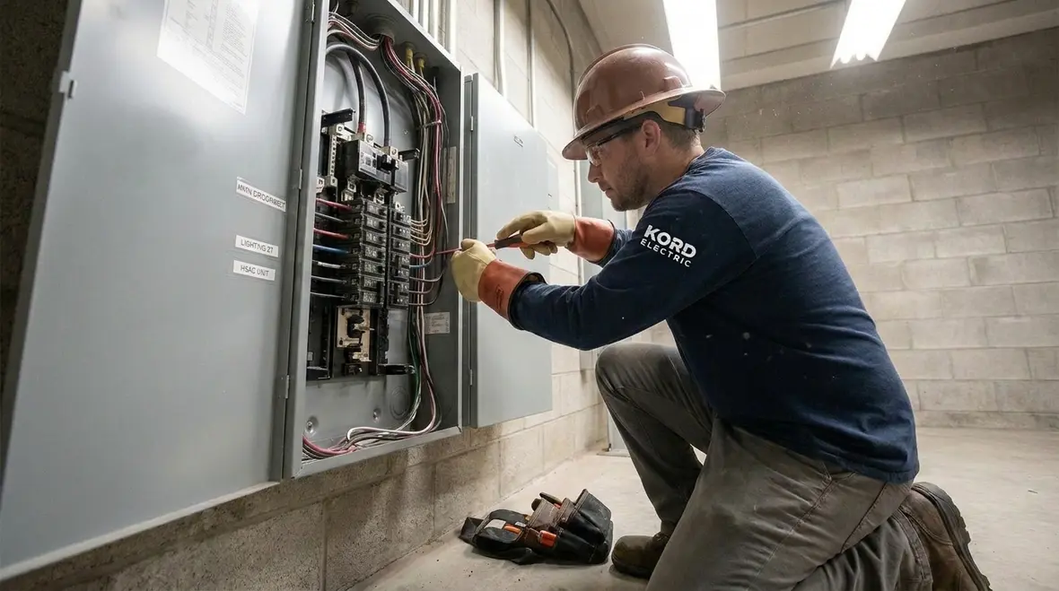 Electricians performing code compliant commercial subpanel installation steps