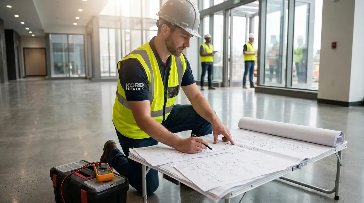 Technician planning commercial electrical subpanel installation in a Los Angeles facility