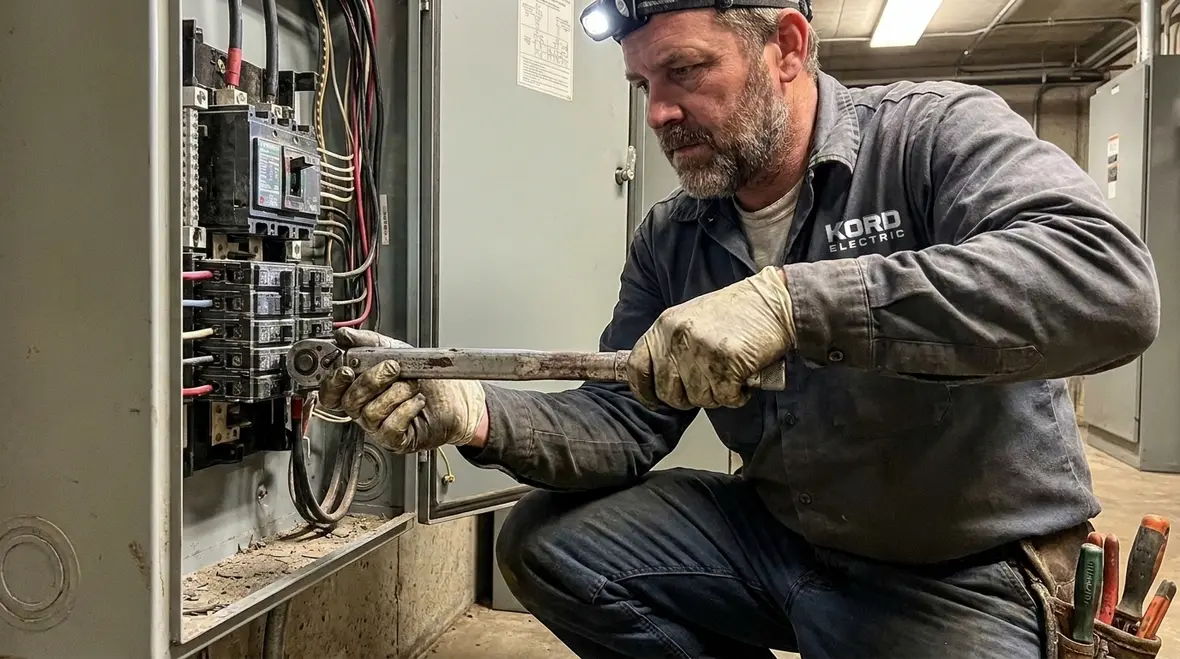 Electricians following safety procedures around commercial switchgear