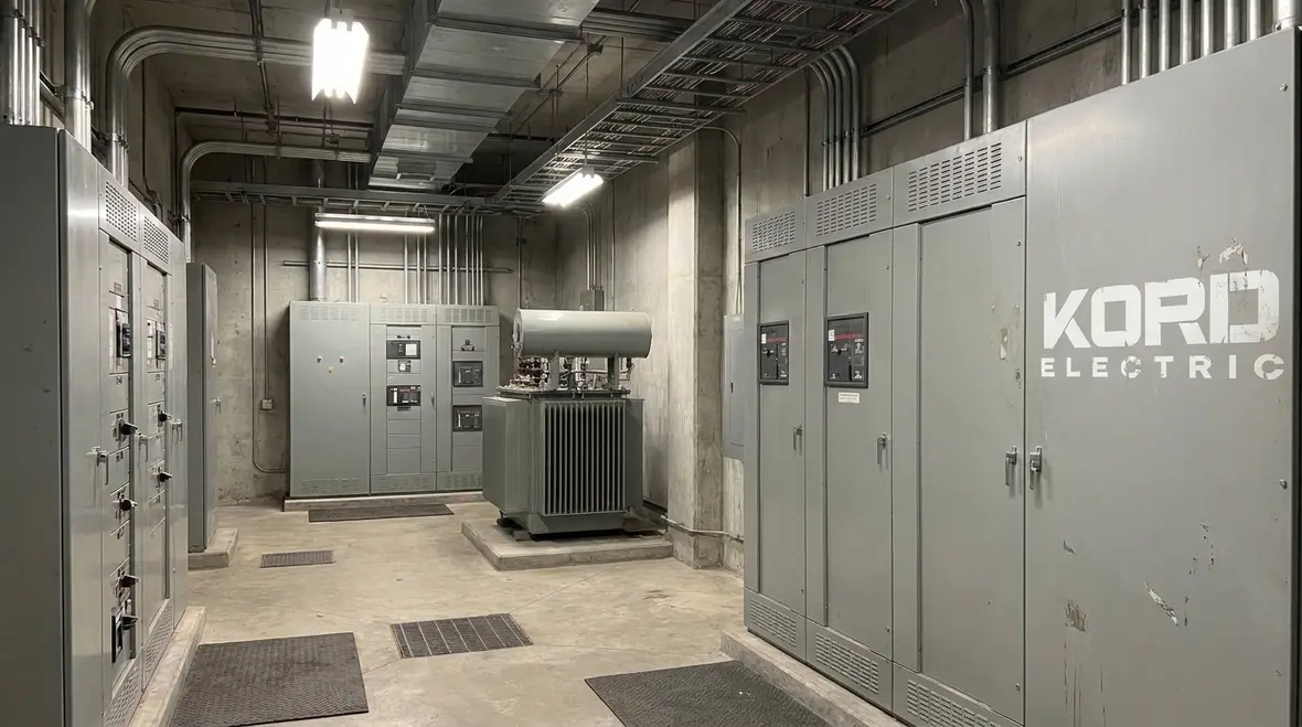 Engineers reviewing commercial electrical system design drawings