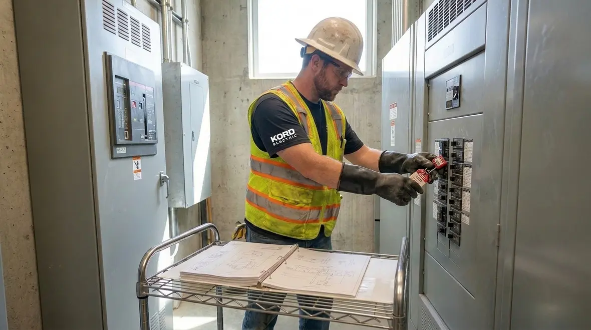 Commercial electrician performing electrical troubleshooting in a commercial facility
