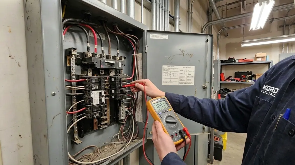 Electrical technician inspecting commercial panel for troubleshooting