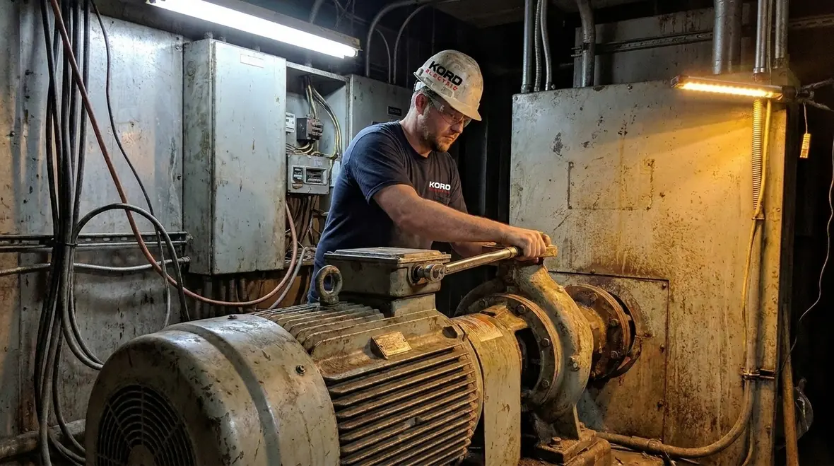 Technician measuring power quality in a commercial electrical room