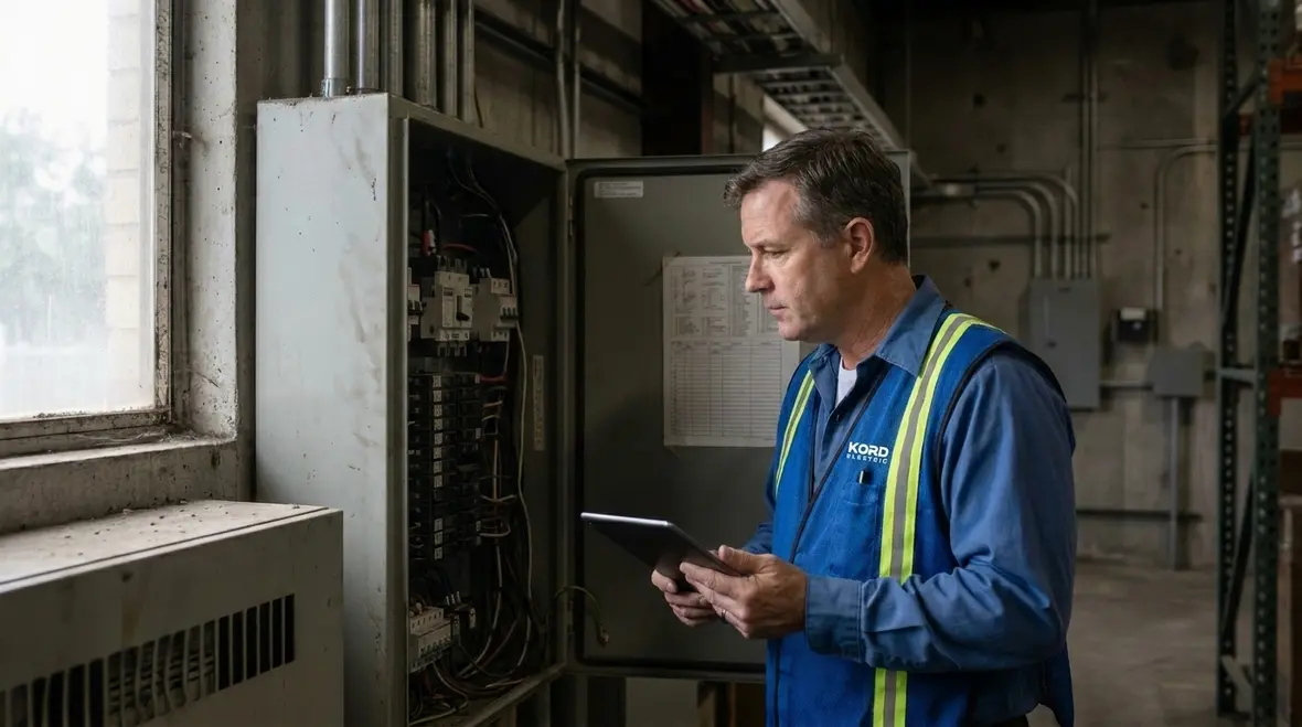 Technicians planning commercial electrical upgrades for capacity and code requirements