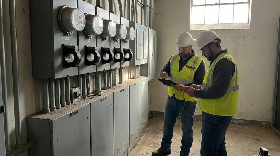 Commercial electrical team reviewing metering plans before installation