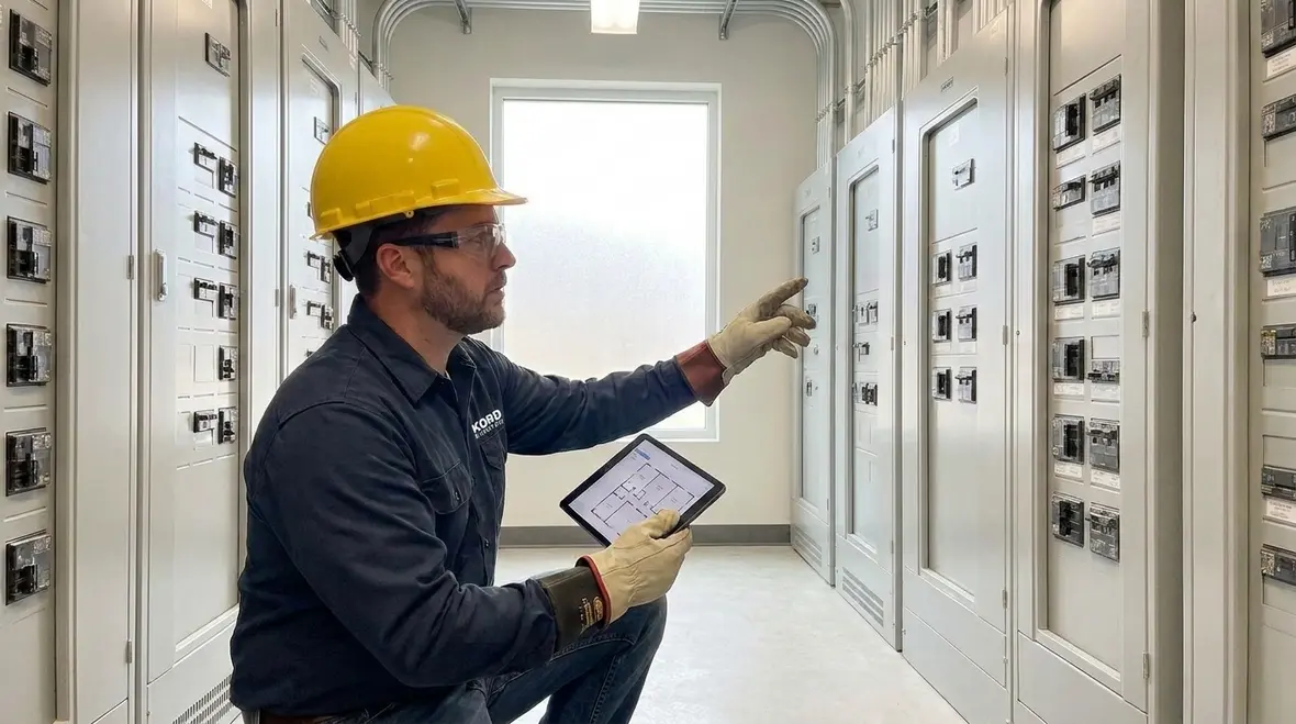 Commercial electrician installing a new electricity meter in a business electrical room