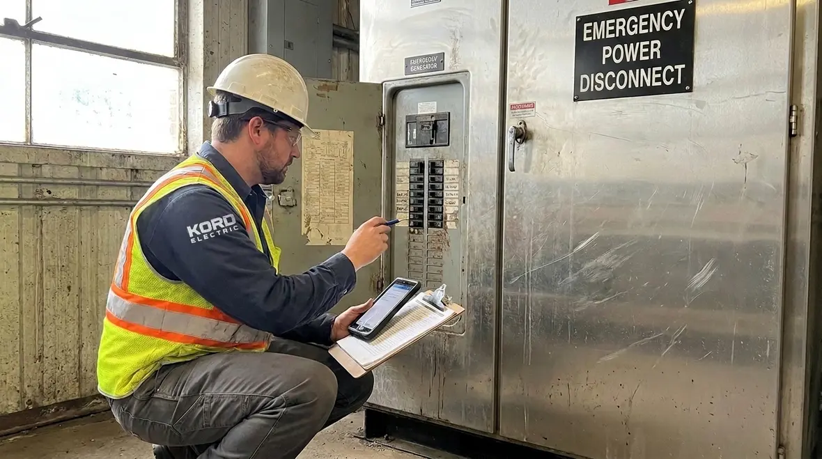 Technicians performing code-compliant emergency power inspection in a commercial building