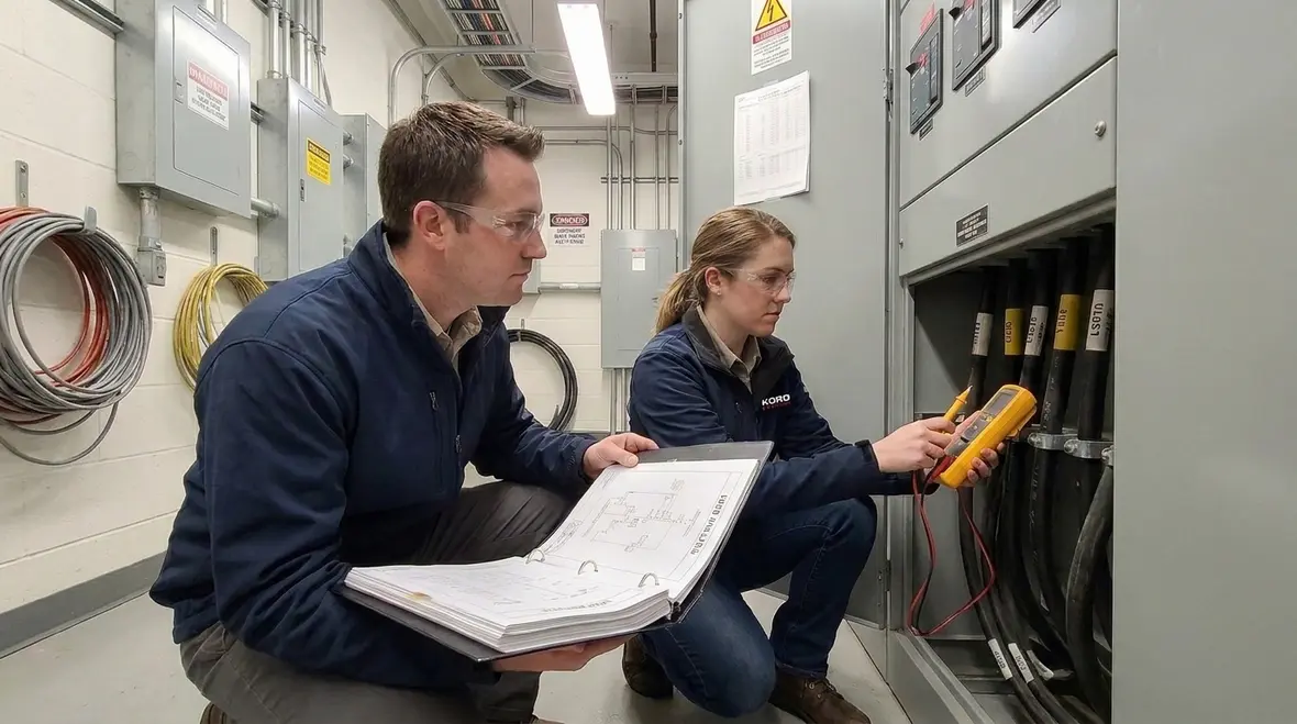 Engineers reviewing commercial emergency power design and load schedule