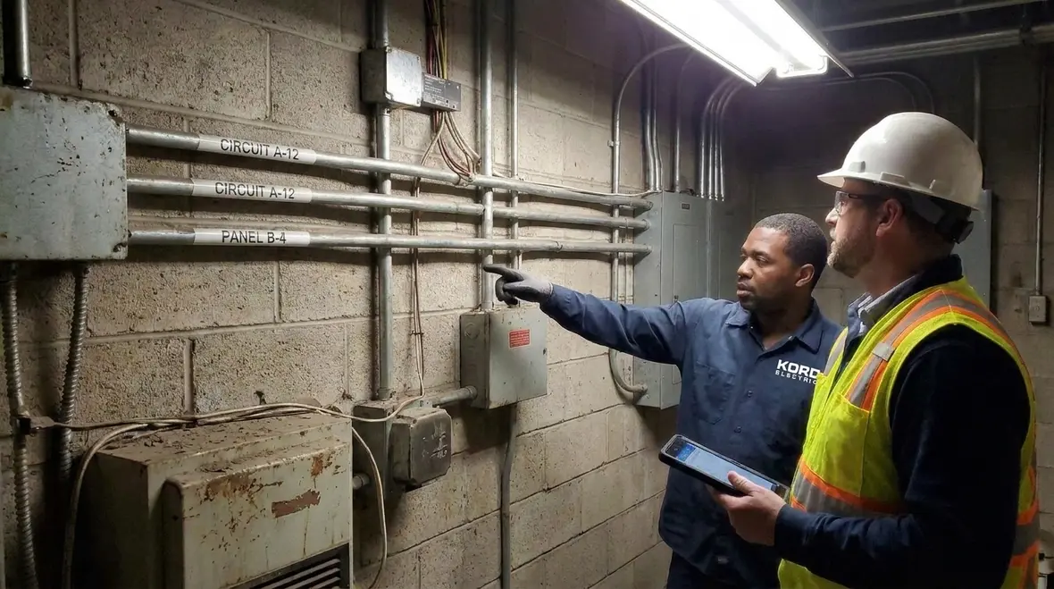 Inspector reviewing commercial electrical installation for code compliance