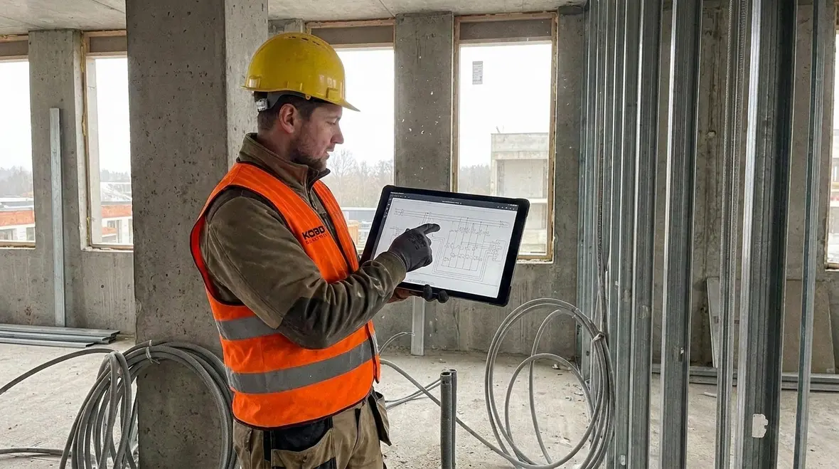 Commercial building electrical design team reviewing power and safety requirements