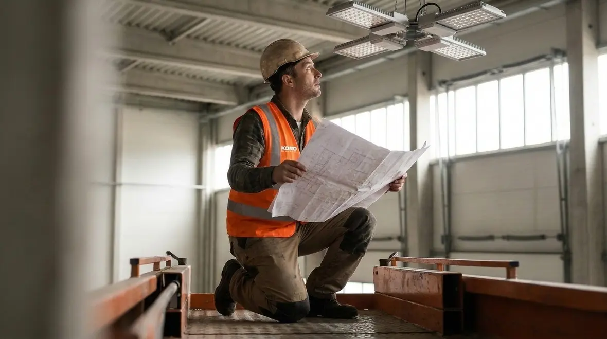 Commercial lighting installation team planning layout in a large facility