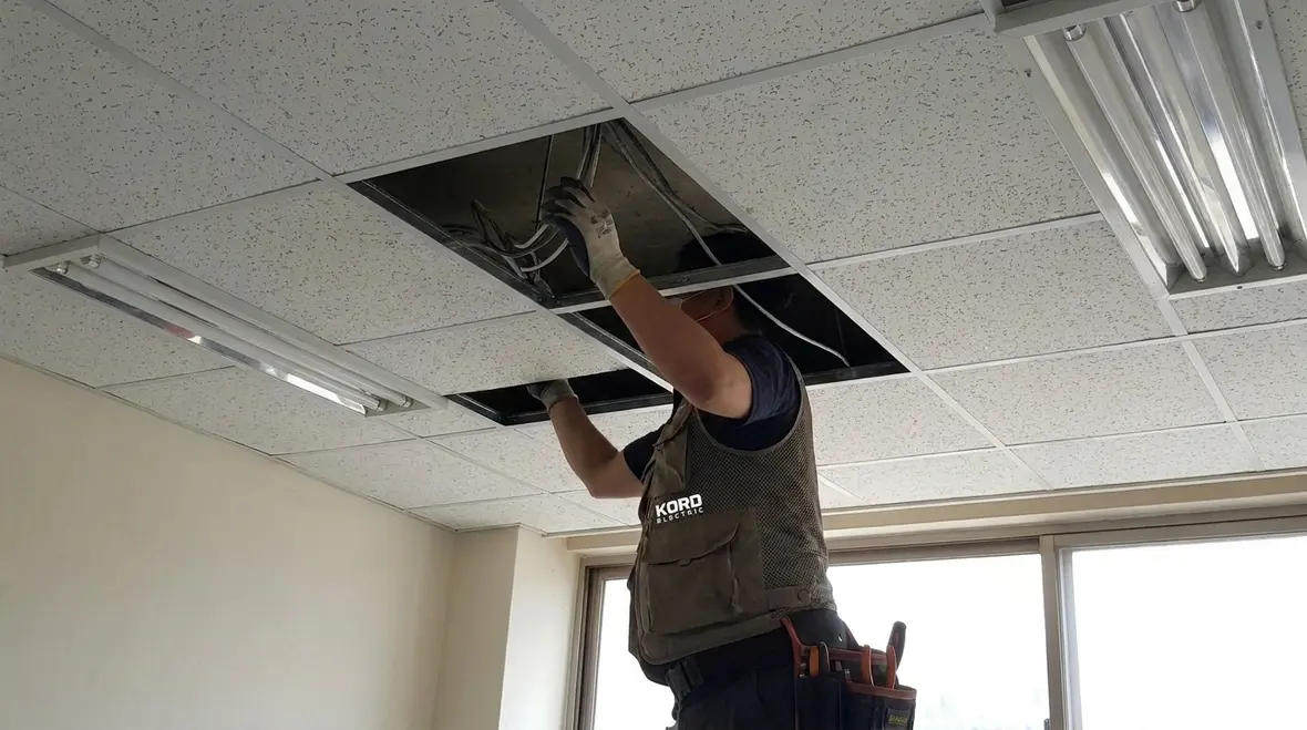 Technician correcting common commercial lighting installation mistakes