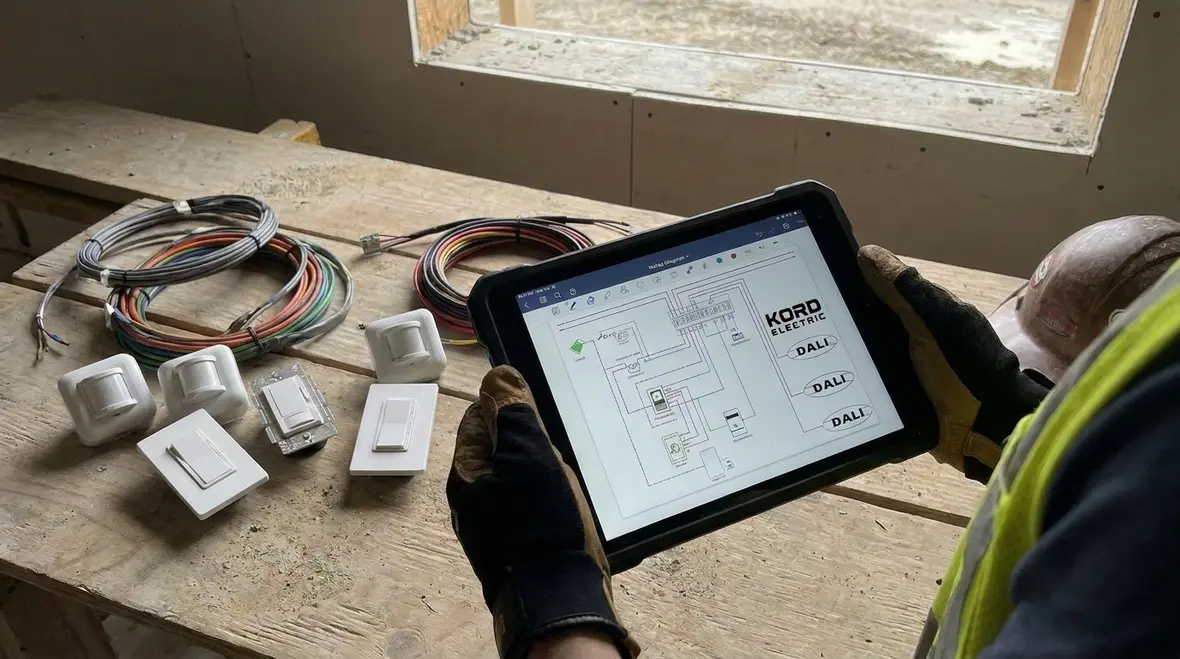 Electrical inspector reviewing commercial lighting installation in a facility
