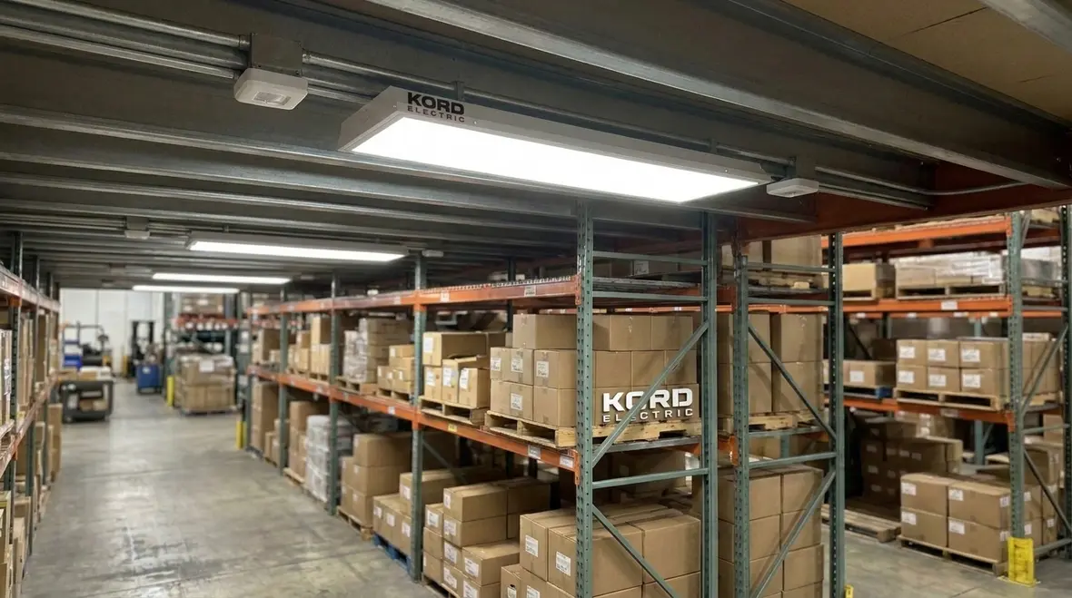 Commercial lighting installation team planning layout in a Los Angeles facility