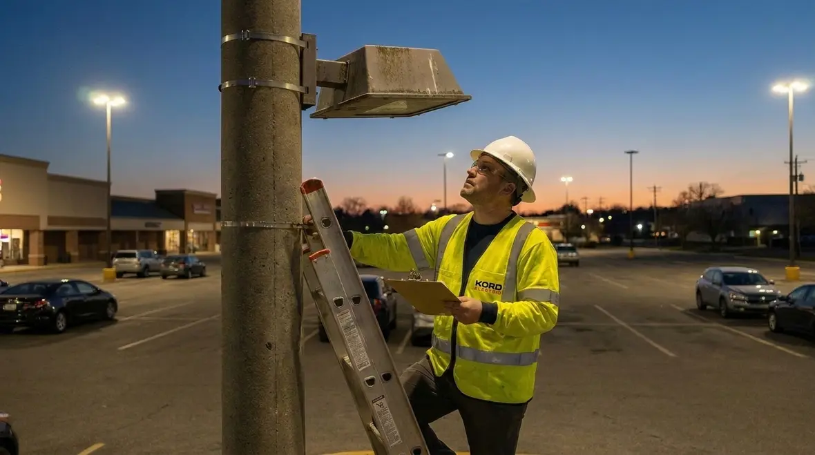 Technician following a safety checklist before opening a commercial lighting fixture