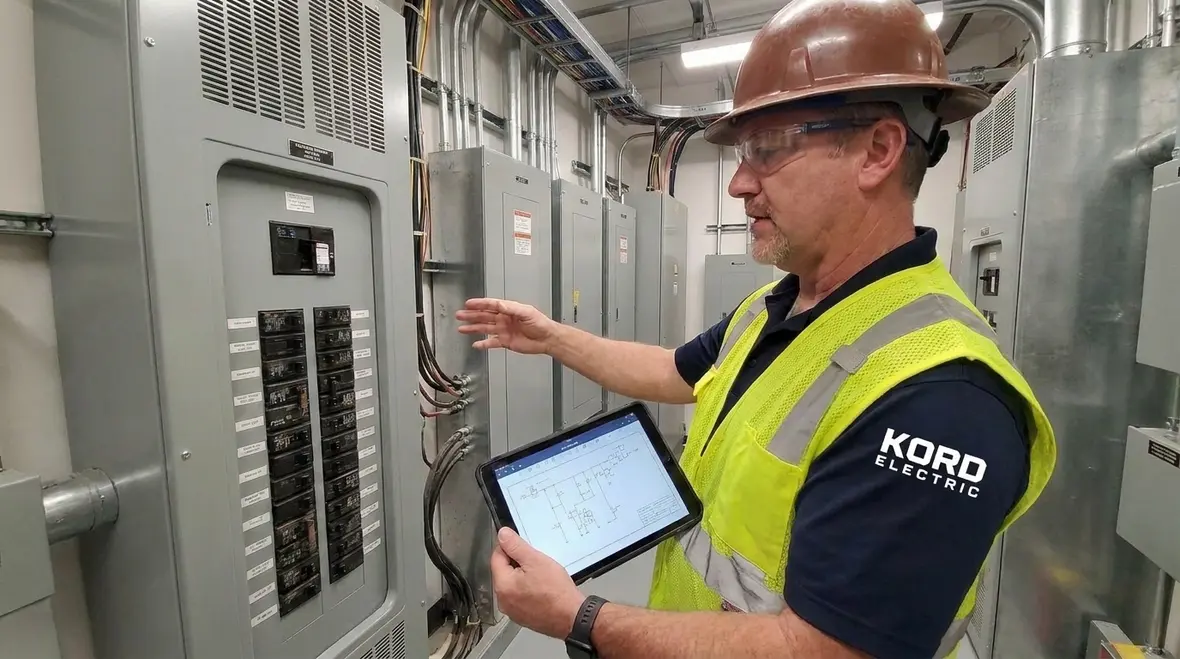 Technician reviewing commercial power distribution upgrades for capacity and safety