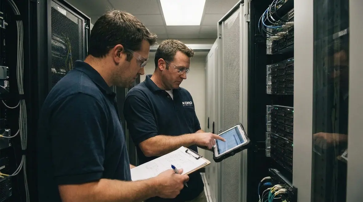 Technician performing commercial power system testing in a commercial electrical room