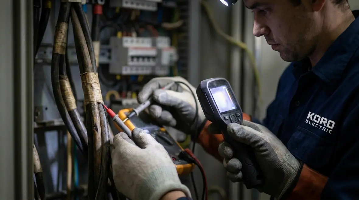 Kord Electric technicians reviewing commercial power test results with a facility manager