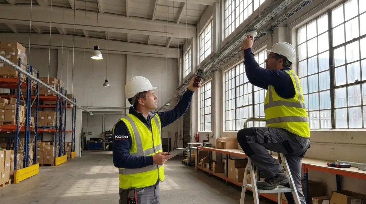 Commercial electricians installing smart lighting controls and wiring