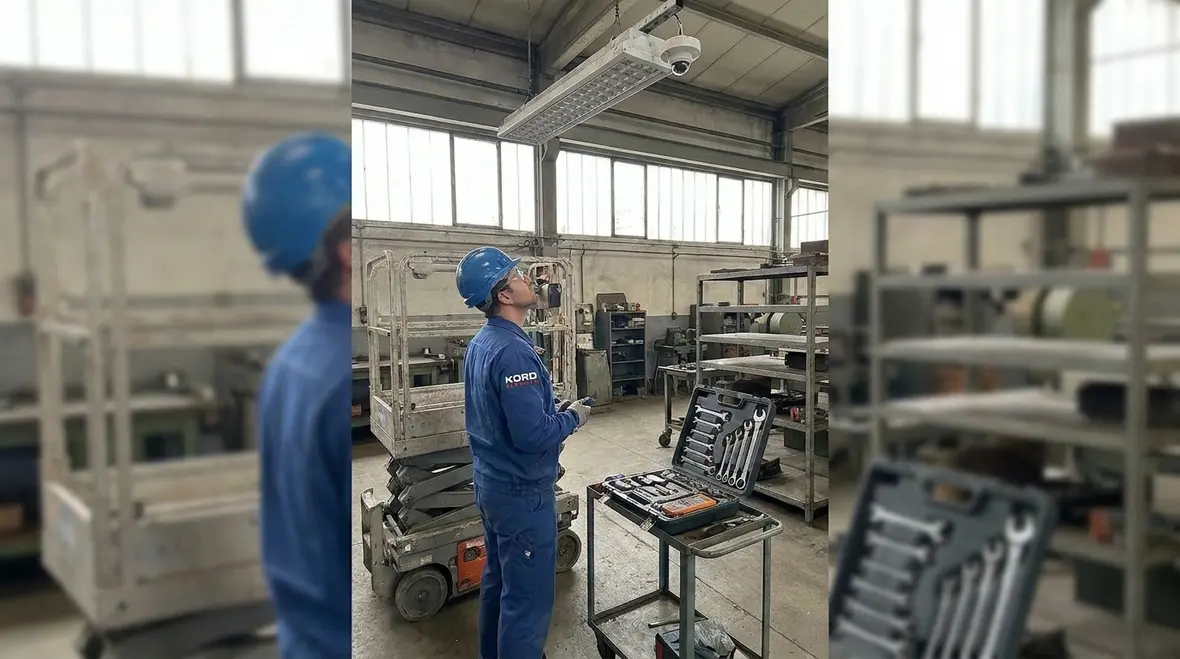 Technicians reviewing a commercial smart lighting cost analysis plan