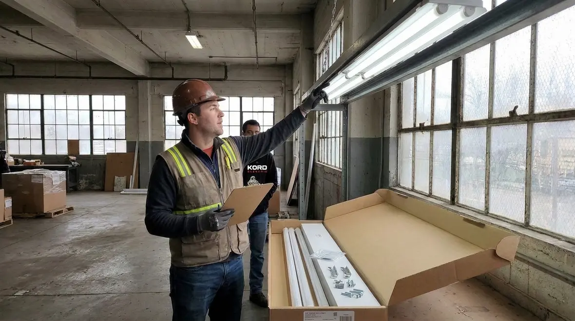 Technicians retrofitting commercial smart lighting in a modern facility
