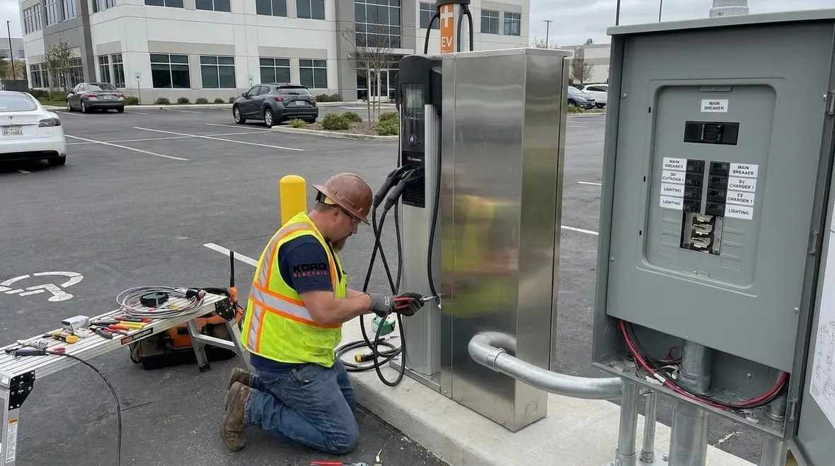 Technicians reviewing compliant commercial EV charger setup plans