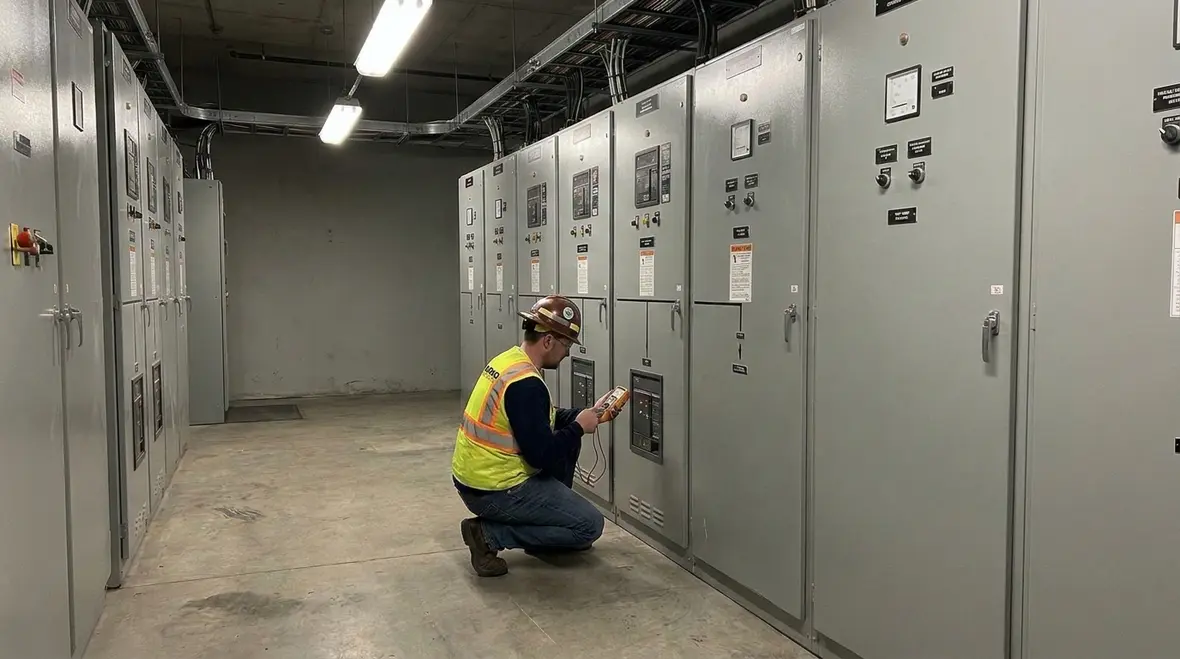 Technician reviewing a critical electrical asset map inside a commercial facility