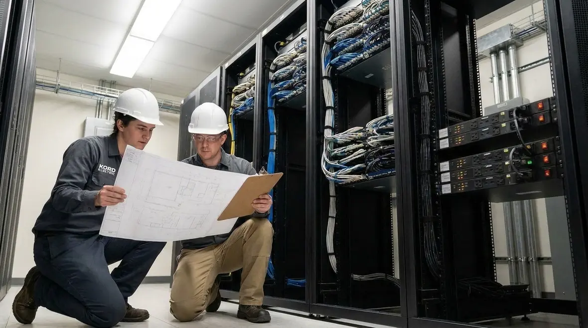 Technicians implementing data center electrical design-build planning power and infrastructure
