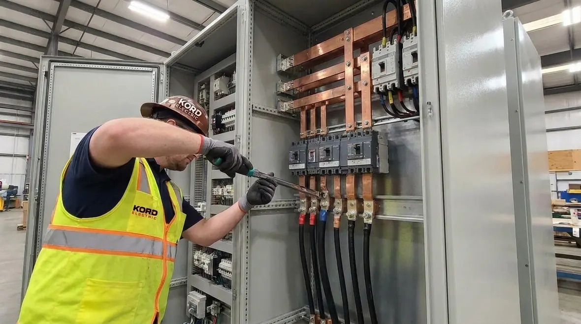 Technicians reviewing fault protection and coordination in a data center