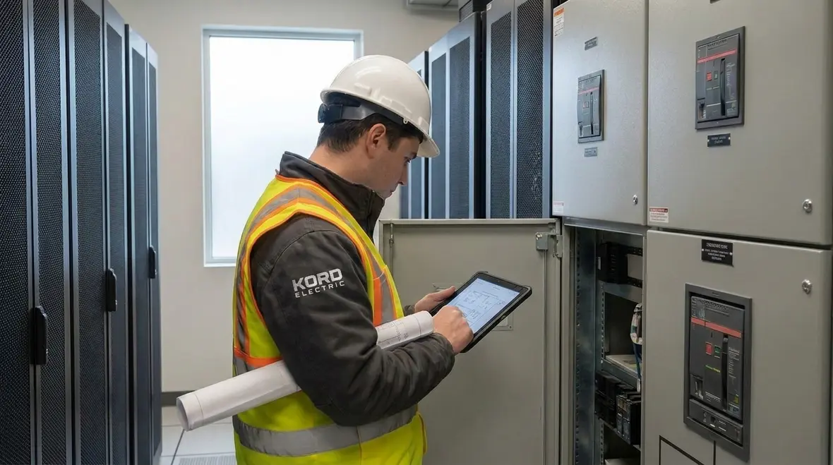 Technicians reviewing data center electrical equipment layout