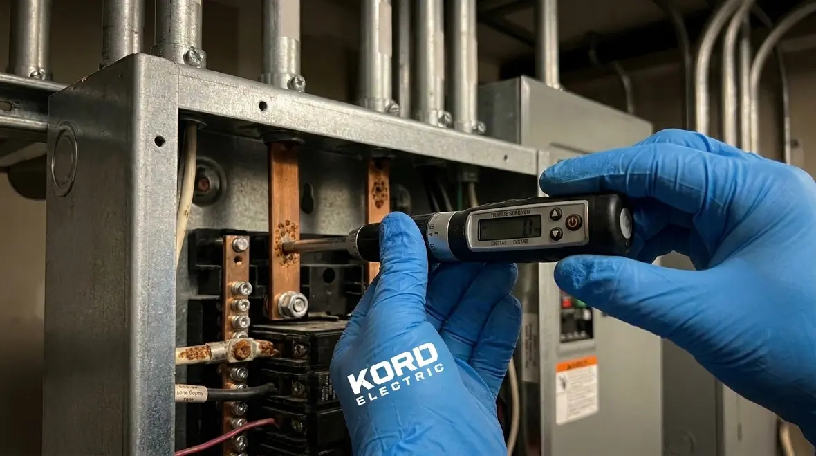 Technician performing industrial electrical preventive maintenance on switchgear and panels