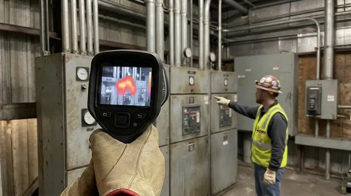 Industrial electrical preventive maintenance work inside a commercial electrical room