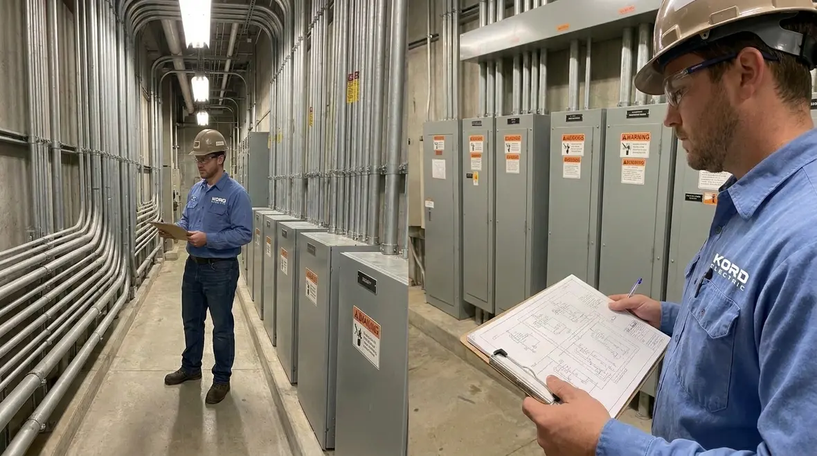 Technician performing preventive electrical testing on industrial electrical panel