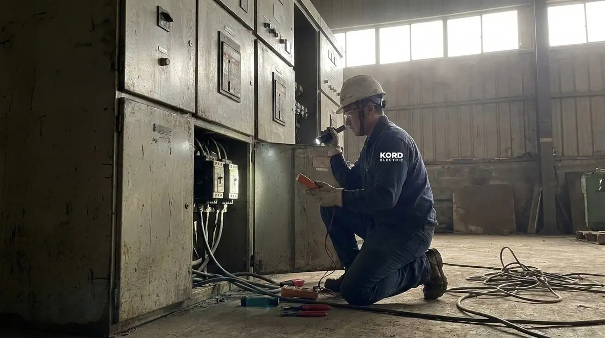 Industrial electrical maintenance technician inspecting plant switchgear