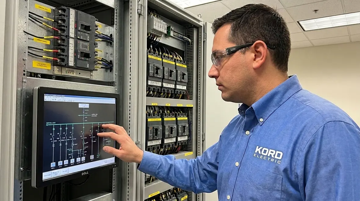 Technician testing data center electrical equipment