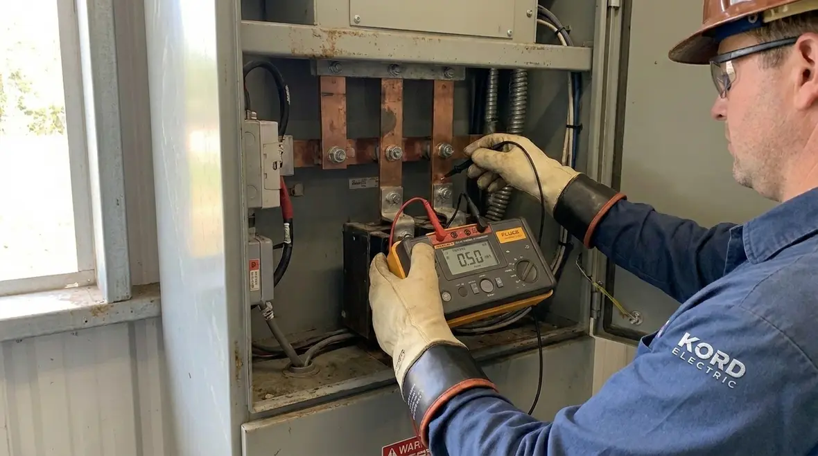 Data center electrical maintenance team inspecting switchgear