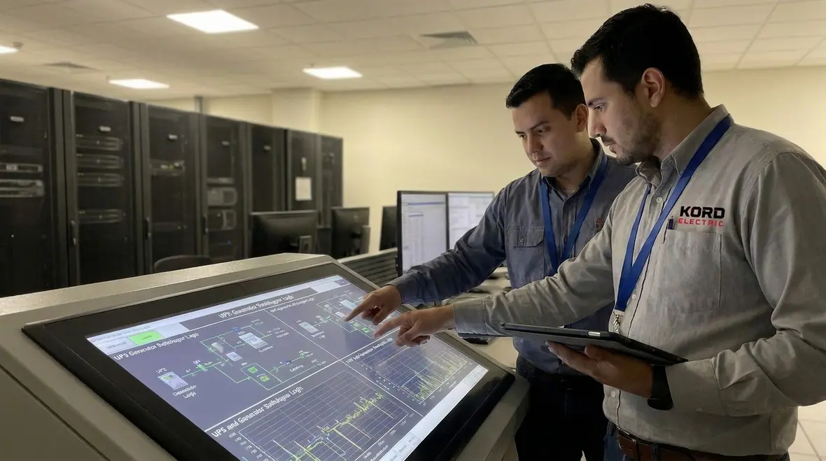 Technicians reviewing data center redundancy behavior under load transfer