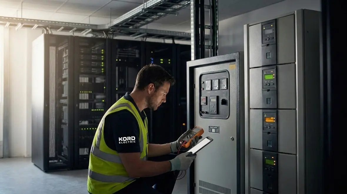 Technician testing data center electrical protection and grounding